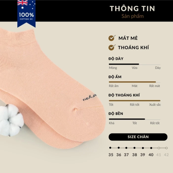 Tất Vớ Nữ Cổ Trung Cao Cấp UPPER YOU Cotton Úc Signature Không Đường May Mềm Mại Êm Ái Thoáng Khí Khử Mùi - SNF3001 - Hình ảnh 4